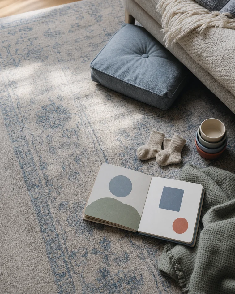 Everyday young-child items including a board book, small socks, nesting cups, blanket, and floor cushion