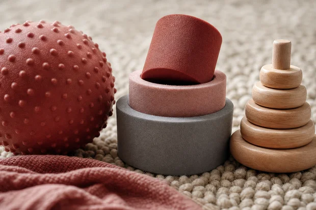 Textured movement and play objects arranged on a soft rug
